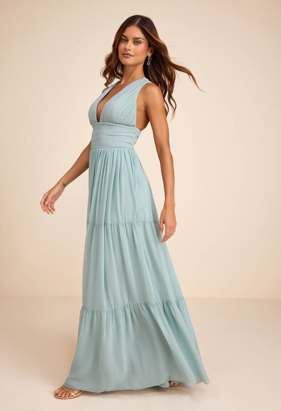 NWT Lulus Leora Light Blue Pleated Tiered Maxi Dress Medium